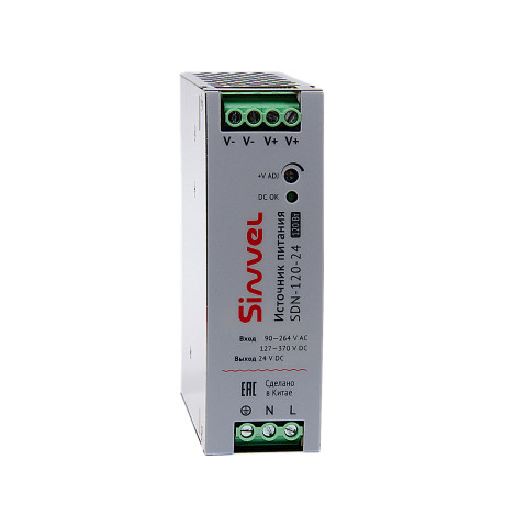 SDN-120-24: Блок питания SDN 120 Вт, питание 90-264В AC, 127-370В DC; выход 24В DC, металлический корпус