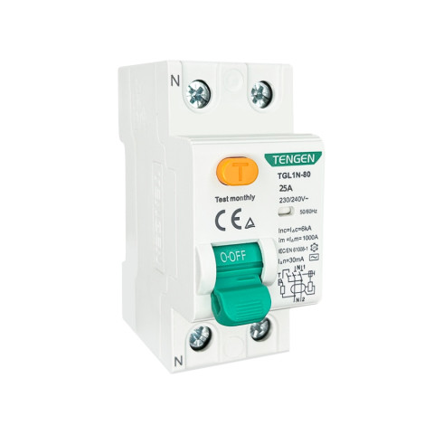 УЗО TGL1N-80, 2P, 63A, 6kA, 30mA, тип AC, 2M